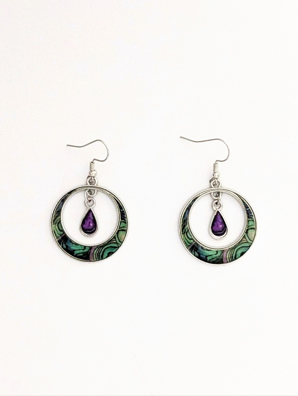 Silver Abalone Drop Earrings with Purple Accents